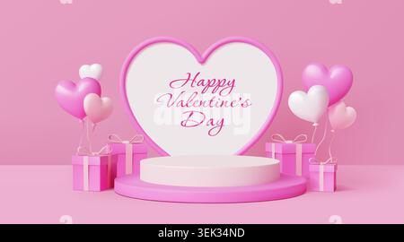 Valentine day background. 3d pink heart and gift, red and white podium elements or happy love stage with space, display with balloons. Empty platform for presentation. Vector season promotion template Stock Vector