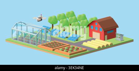 Smart farm isometric. 3d nature garden house, plant field or greenhouse in network system, green food. Renewable energy management, sustainable agriculture and automation. Vector isolated illustration Stock Vector