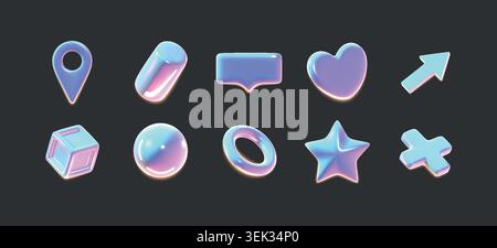 3d glass icons. Holographic y2k elements, hologram speech shape or blue neon metal emoji, digital interface elements. Abstract chrome objects. Glossy gradient heart, arrow symbols. Vector isolated set Stock Vector