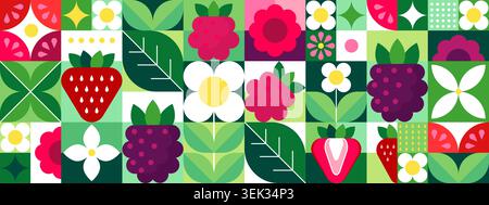 Berry icons. Strawberry, raspberry fruit graphic berry, geometric forest blackberry, simple and wild, seasonal freshness blossoms, and leaves background. Pattern tiles. Vector abstract pattern design Stock Vector