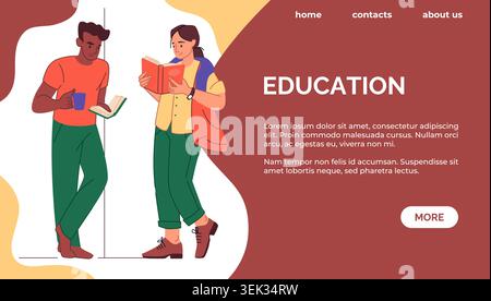 Students reading books. Modern education landing page, navigation menu, online learning website template. knowledge courses. Library and shop background vector cartoon flat style isolated illustration Stock Vector