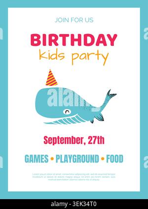 Kids birthday invitation card. Cute whale with party hat, playful celebration flyer. Greeting poster or print. Ocean marine animal, children holiday. Vector cartoon flat style isolated illustration Stock Vector