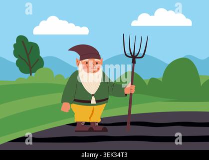 Cartoon gnome farmer with pitchfork. Rural character in field landscape agriculture work, traditional countryside lifestyle and land cultivation concept. Fairy tale smiling person. Vector illustration Stock Vector
