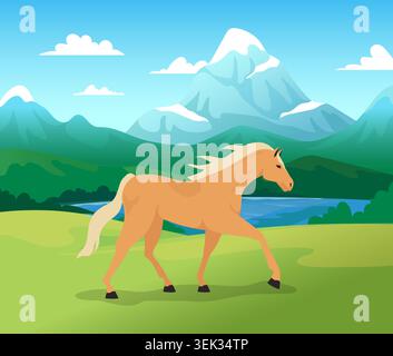 Horse walking in mountains. Scenic nature landscape, meadow, river, outdoor wildlife animal, travel scenery and countryside environment. Active mammal. Vector cartoon flat style isolated illustration Stock Vector