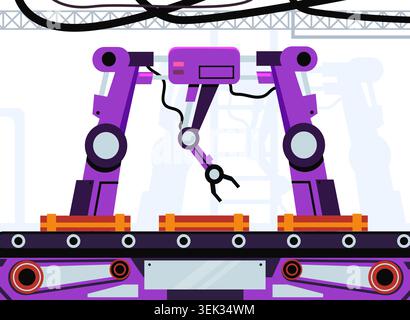 Robotic arms on conveyor. Automated factory assembly line, industrial robotics process, machinery and production modern manufacturing innovation environment. Vector isolated productivity illustration Stock Vector