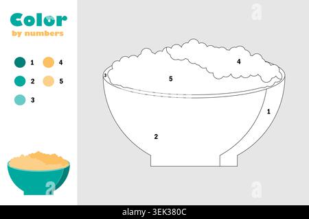 Porridge in cartoon style, color by number, education paper game for the development of children, coloring page, kids preschool activity, printable Stock Vector