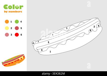 Hot dog in cartoon style, color by number, education paper game for the development of children, coloring page, kids preschool activity, printable Stock Vector