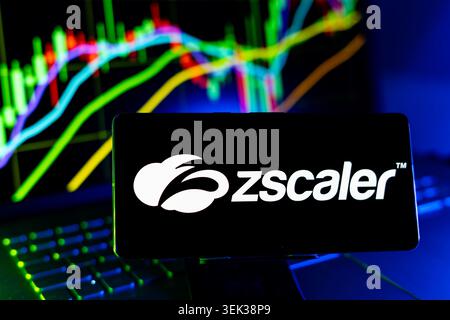 Zscaler Logo Displayed On Mobile Phone With Stock Market Performance Chart Background And Trading Graph Interface Stock Photo