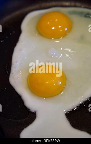 Close up shot of two fresh fried eggs cooking in a black non-stick frying pan. The vibrant, glossy yellow egg yolks are liquid and perfectly intact, s Stock Photo
