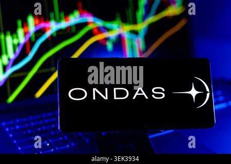 Ondas Logo Displayed On Mobile Phone With Stock Market Performance Chart Background And Trading Graph Interface Stock Photo