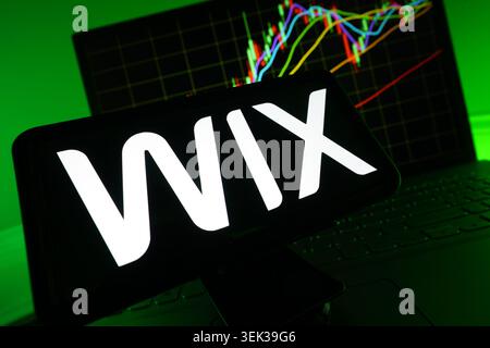 Wix Logo Displayed On Mobile Phone With Stock Market Performance Chart Background And Trading Graph Interface Stock Photo