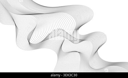 Monochrome digital wave pattern with fluid distorted lines on a clean white background Stock Vector