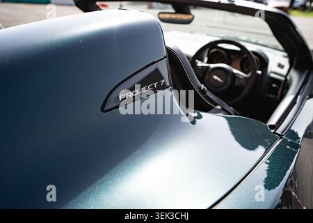 Jaguar Project 7 close-up detail showing carbon fibre badge, rollover hoop and cockpit interior at Bicester show Stock Photo