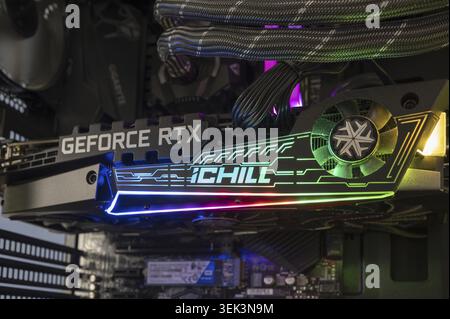 Nova Bana, Slovakia - September, 29, 2024 : NVidia GeForce RTX 3080 graphics card inside the gaming PC tower. GPU in the desktop computer Stock Photo
