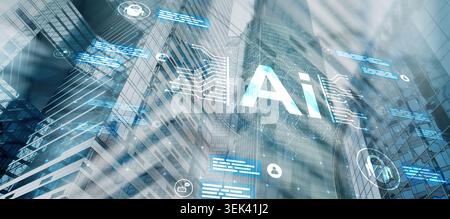 AI technology integration concept showing artificial intelligence embedded in modern smart city. Stock Photo