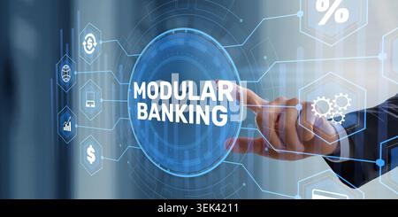 Modular Banking ecosystem with businessman touching virtual financial dashboard and connected digital platform icons. Stock Photo