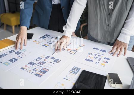 The development team brainstorms user interfaces and experience designs for the graphical UX UI graphics prototype for mobile applications Stock Photo