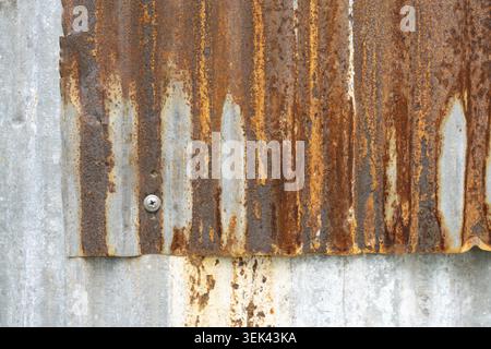 Industrial rusty background old grunge wall made of rusty zinc for textured background, old rusty galvanized rust and scratched steel structure, corru Stock Photo