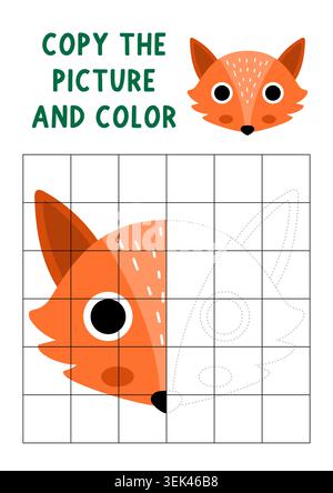 Complete the fox face. Vector symmetrical drawing practice worksheet. Printable woodland coloring activity for kids. Draw the second half. Copy the pi Stock Vector