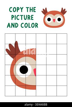 Complete the owl face. Vector symmetrical drawing practice worksheet. Printable woodland coloring activity for kids. Draw the second half. Copy the pi Stock Vector