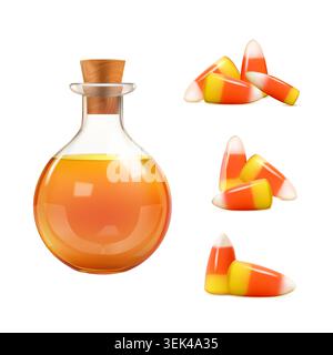3d halloween witchcraft. Orange potion bottle and sweet candy corns isolated on white bg. Realistic render png set, cute trick or treat choice Stock Vector