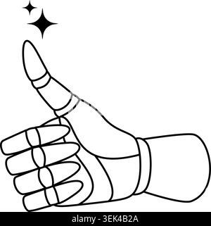 Robot hand shows thumb up. Approving gesture. Line art vector for AI approval concepts, positive feedback visual, robot assistant. Stock Vector
