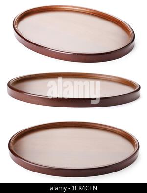 Empty wooden tray isolated on white, collage Stock Photo