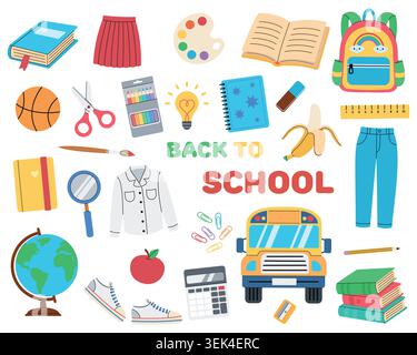 School Supplies Collection. Education themed elements. Back to school. Vector illustrations in a flat style on a white background. Stock Vector