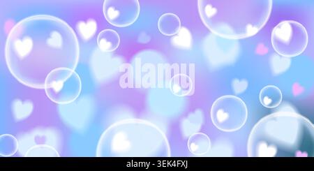 A calming cyan and lavender background with a soft dreamy bokeh effect featuring floating heart bubbles. Stock Vector