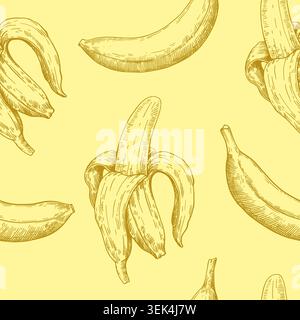 Seamless pattern with banana fruits. Peeled banana and whole fruits and slices. Hand-drawn monochrome vector illustration in engraving style. Stock Vector