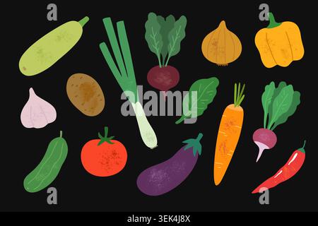 Set of various vegetables in colorful trendy style. Hand-drawn vector illustration. Stock Vector