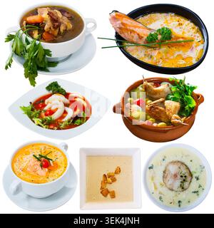 Collage of soups isolated on white Stock Photo