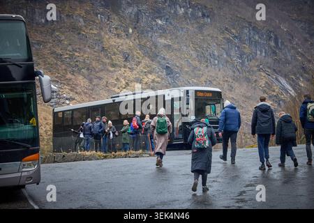 Olden village cruise port, Briksdal Glacier hike bus carpark Stock Photo