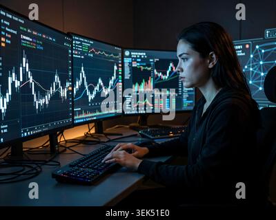 A woman works in a dark, high-tech room surrounded by monitors displaying cryptocurrency charts and digital market data, capturing the intensity of cr Stock Photo