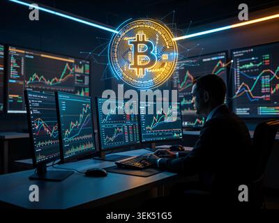 A modern financial workspace illustrating cryptocurrency trading, featuring Bitcoin and abstract digital market data in a high-tech environment with g Stock Photo
