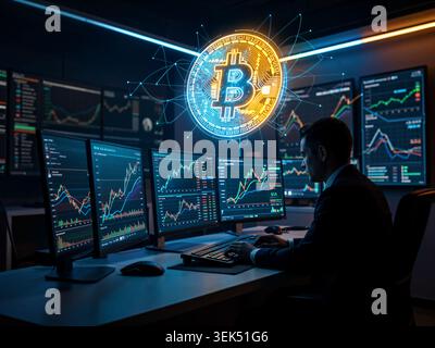 A modern financial workspace illustrating cryptocurrency trading, featuring Bitcoin and abstract digital market data in a high-tech environment with g Stock Photo