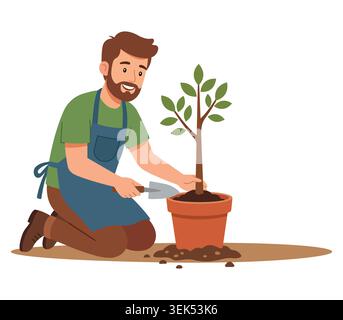 Cheerful Male Gardener In Apron Planting Young Green Tree In A Clay Flowerpot Cartoon Vector Stock Vector