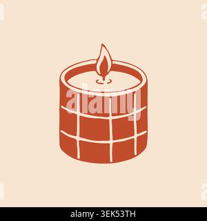 Vector hand drawn burning candle in a ceramic jar with a checkerboard pattern. Cute scented candle icon for cozy atmosphere and home spa relaxation in Stock Vector