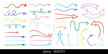 Hand drawn arrow icon set. Doodle sketch curved, swirly, looped straight directional signs thin line arrows collection. Sketch scribble signs for infographic, freehand vector design Stock Vector