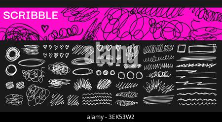 Hand drawn messy pen scratch set. Scribble marks squiggly sketchy pencil black line. Sketch brush strokes, doodles underlines crayon marker punk style elements. Grunge pack isolated on dark background Stock Vector
