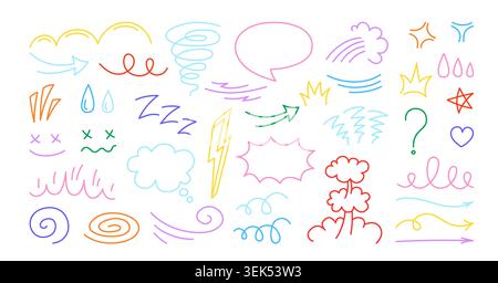 Hand drawn comic manga doodle element set. Cartoon emoji arrows, speed lines, emotions, motion anime expression marks. Sketch motion effects for comics design. Vector illustration abstract pop art Stock Vector