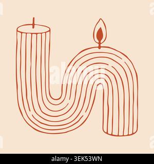 Hand drawn vector illustration of a wavy abstract pillar candle with vertical ribs. Modern burning candle element for trendy home decor, meditation Stock Vector