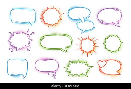 Comic speech bubble set. Blank cartoon text boxes, halftone dialog clouds, doodle chat balloons bright colors. Pop art frames for sticker, logo, tag and banner. Vector collection Stock Vector