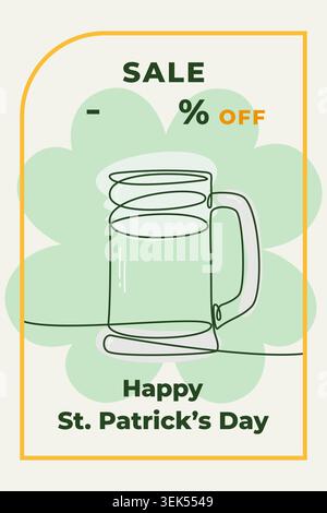 Promotional sale banner with beer mug illustration, shamrock background and clean flat festive composition. Vector illustration Retail campaigns, social media ads, flyers, leaflets, web banners, tag Stock Vector