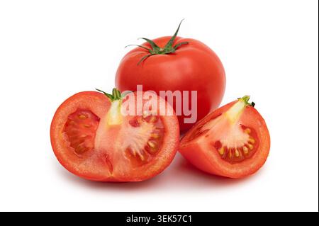 Whole tomato with half and a quarter slice isolated on white background Stock Photo