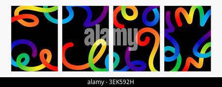 Color blend vector curved line set. Colour splash fluid shape doodle element. Gradient flow brush, squiggly scribble, happy birthday party direction Stock Vector