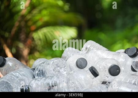 Pile of empty clear plastic bottle waste polluting beautiful green forest environment causing concerning ecological problem and discouraging global na Stock Photo