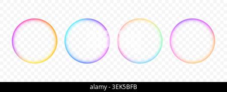 Iridescent rainbow gradient round frame set. Blurred vivid circle border collection. Vibrant color radial banner element pack. Bright colorful bubble box template bundle. Vector sphere  Stock Vector