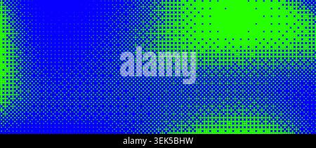 Neon blue green bitmap pixel texture. Dotted dither gradient pattern background. 8 bit halftone faded pop art gradation wallpaper. Vector vanishing raster video arcade game backdrop for banner, poster Stock Vector