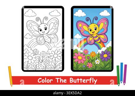 Adorable butterfly coloring page with floral elements, ideal for preschool activities, creative learning, and kids coloring books. Stock Vector